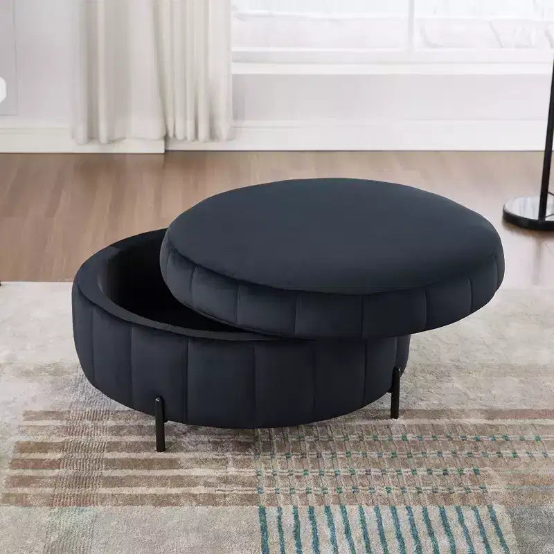 Pouf rotondo da 31.5W con coperchio reversibile, pouf lussuoso in velluto e tavolino da caffè per soggiorno, poggiapiedi d'accento, capacità 125 kg