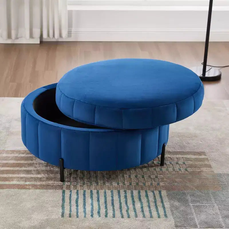 Pouf rotondo da 31.5W con coperchio reversibile, pouf lussuoso in velluto e tavolino da caffè per soggiorno, poggiapiedi d'accento, capacità 125 kg