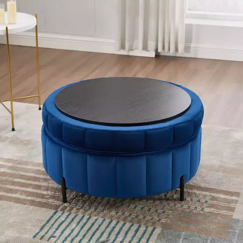 Pouf rotondo da 31.5W con coperchio reversibile, pouf lussuoso in velluto e tavolino da caffè per soggiorno, poggiapiedi d'accento, capacità 125 kg