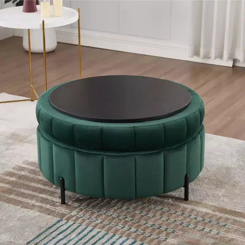 Pouf rotondo da 31.5W con coperchio reversibile, pouf lussuoso in velluto e tavolino da caffè per soggiorno, poggiapiedi d'accento, capacità 125 kg