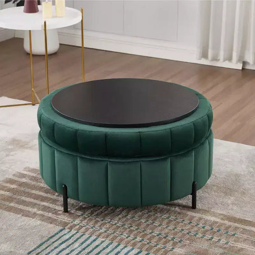 Pouf rotondo da 31.5W con coperchio reversibile, pouf lussuoso in velluto e tavolino da caffè per soggiorno, poggiapiedi d'accento, capacità 125 kg