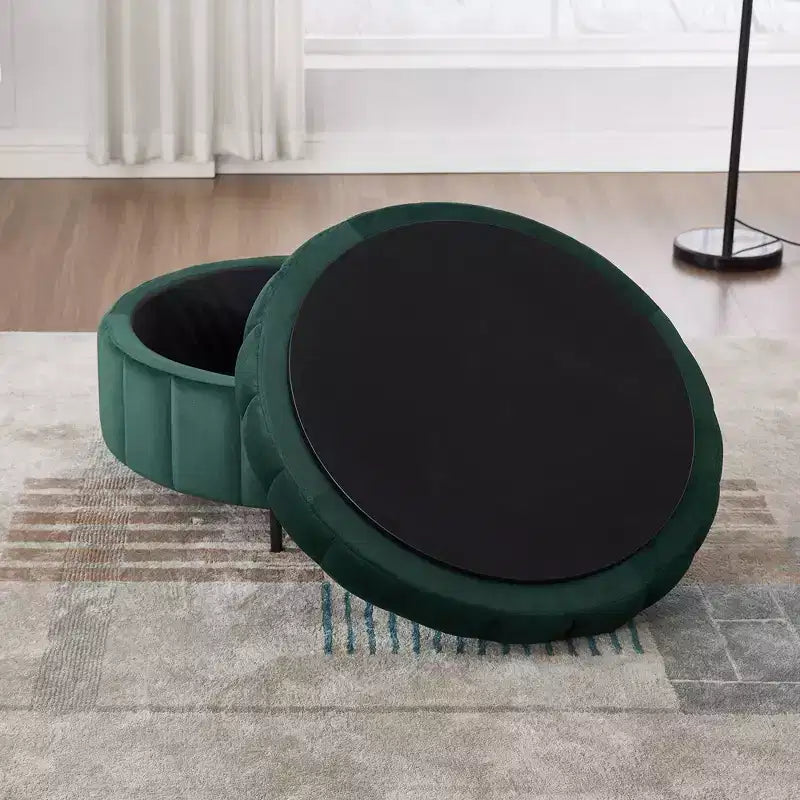 Pouf rotondo da 31.5W con coperchio reversibile, pouf lussuoso in velluto e tavolino da caffè per soggiorno, poggiapiedi d'accento, capacità 125 kg