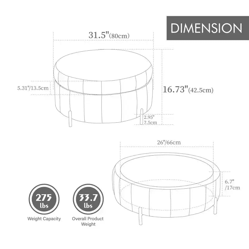 Pouf rotondo da 31.5W con coperchio reversibile, pouf lussuoso in velluto e tavolino da caffè per soggiorno, poggiapiedi d'accento, capacità 125 kg