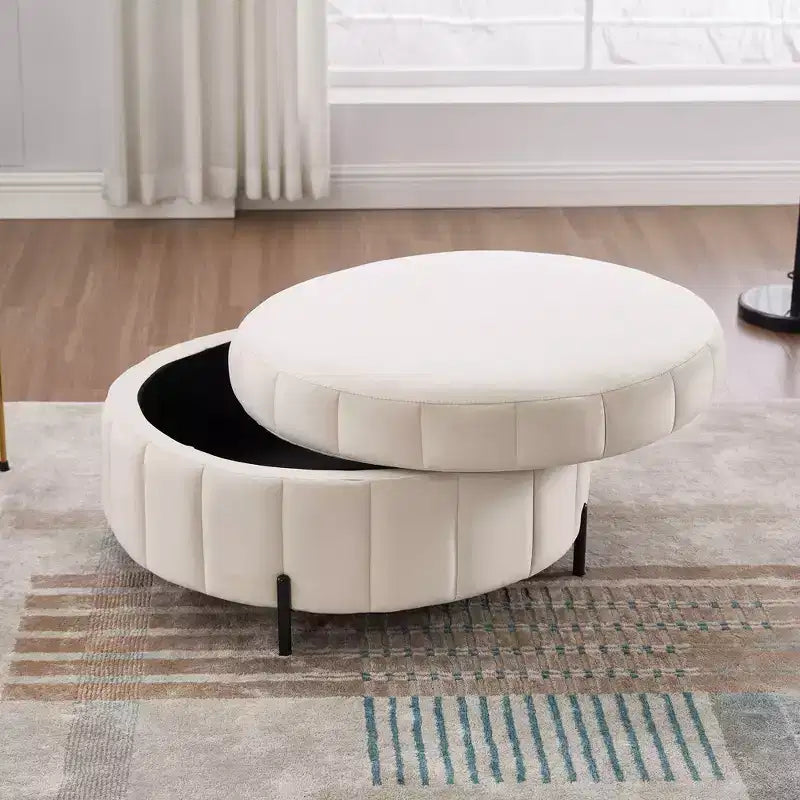 Pouf rotondo da 31.5W con coperchio reversibile, pouf lussuoso in velluto e tavolino da caffè per soggiorno, poggiapiedi d'accento, capacità 125 kg