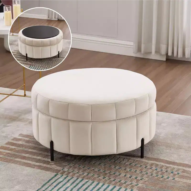 Pouf rotondo da 31.5W con coperchio reversibile, pouf lussuoso in velluto e tavolino da caffè per soggiorno, poggiapiedi d'accento, capacità 125 kg