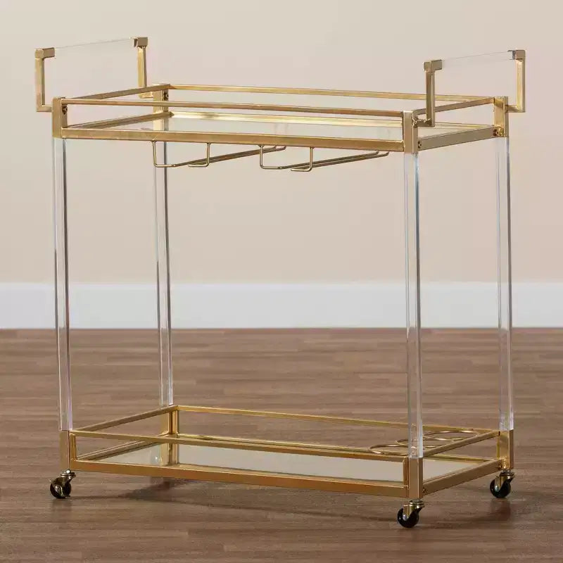 Carrello portavino Savannah in metallo dorato e vetro con portacalici e portabottiglie