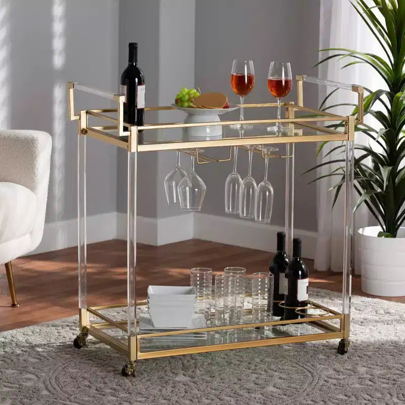 Carrello portavino Savannah in metallo dorato e vetro con portacalici e portabottiglie