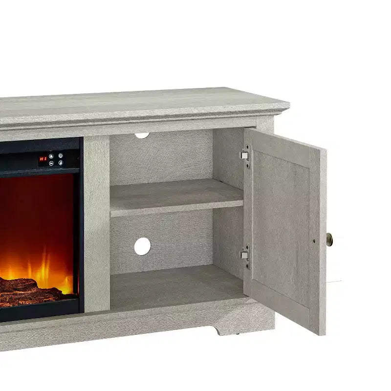Mobile porta TV rustico da 78" per TV da 80" con caminetto elettrico, bianco sporco