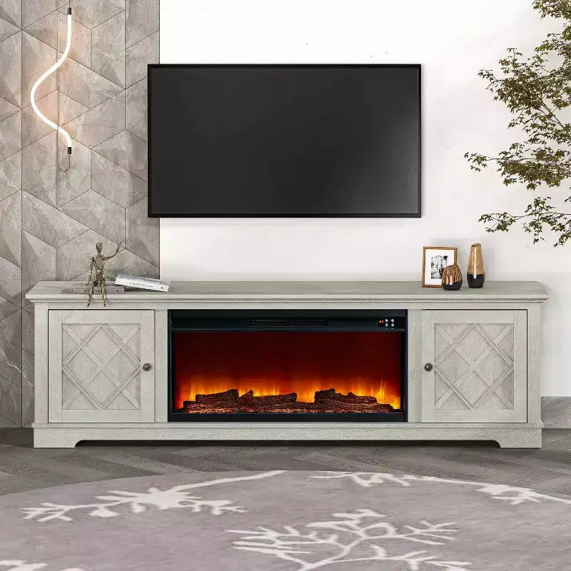 Mobile porta TV rustico da 78" per TV da 80" con caminetto elettrico, bianco sporco