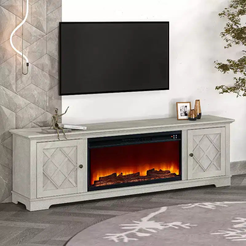 Mobile porta TV rustico da 78" per TV da 80" con caminetto elettrico, bianco sporco