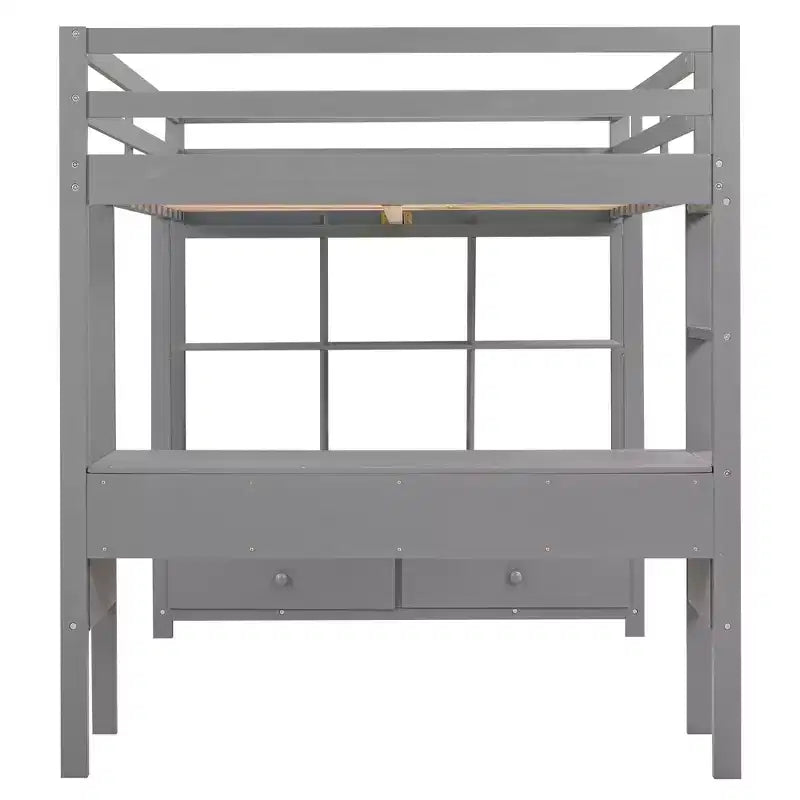 Letto a soppalco singolo/matrimoniale con scrivania integrata, 4 cassetti e 6 ripiani, in legno di pino e MDF