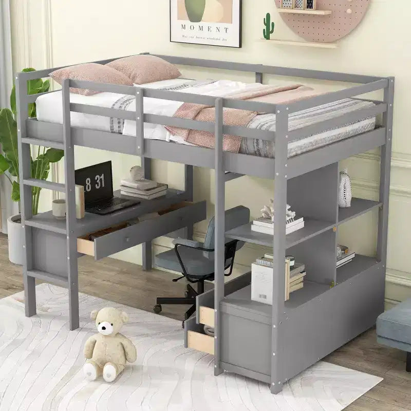 Letto a soppalco singolo/matrimoniale con scrivania integrata, 4 cassetti e 6 ripiani, in legno di pino e MDF