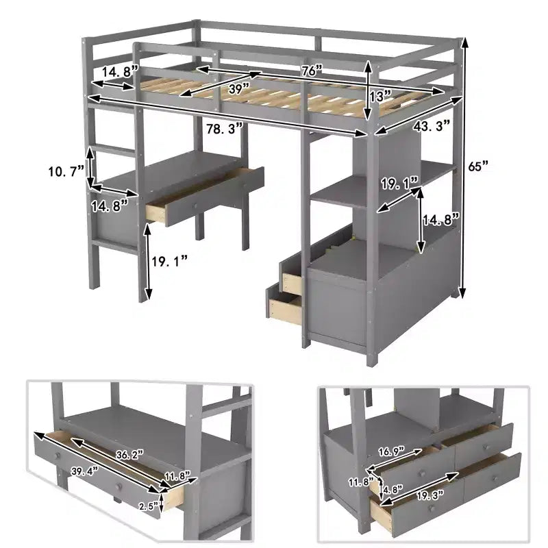 Letto a soppalco singolo/matrimoniale con scrivania integrata, 4 cassetti e 6 ripiani, in legno di pino e MDF