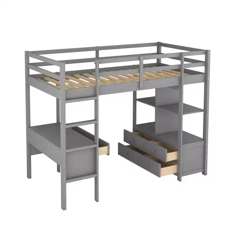 Letto a soppalco singolo/matrimoniale con scrivania integrata, 4 cassetti e 6 ripiani, in legno di pino e MDF