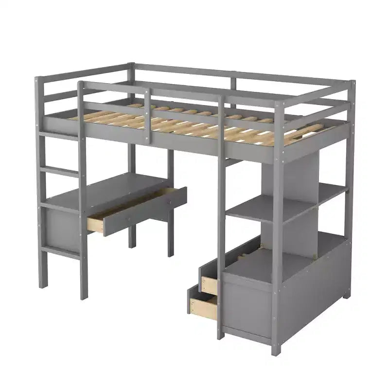 Letto a soppalco singolo/matrimoniale con scrivania integrata, 4 cassetti e 6 ripiani, in legno di pino e MDF