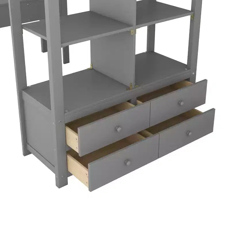 Letto a soppalco singolo/matrimoniale con scrivania integrata, 4 cassetti e 6 ripiani, in legno di pino e MDF