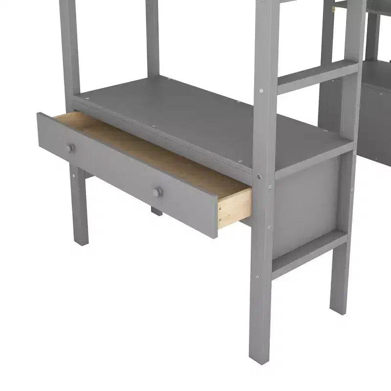 Letto a soppalco singolo/matrimoniale con scrivania integrata, 4 cassetti e 6 ripiani, in legno di pino e MDF