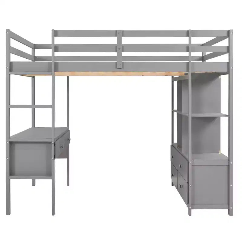 Letto a soppalco singolo/matrimoniale con scrivania integrata, 4 cassetti e 6 ripiani, in legno di pino e MDF