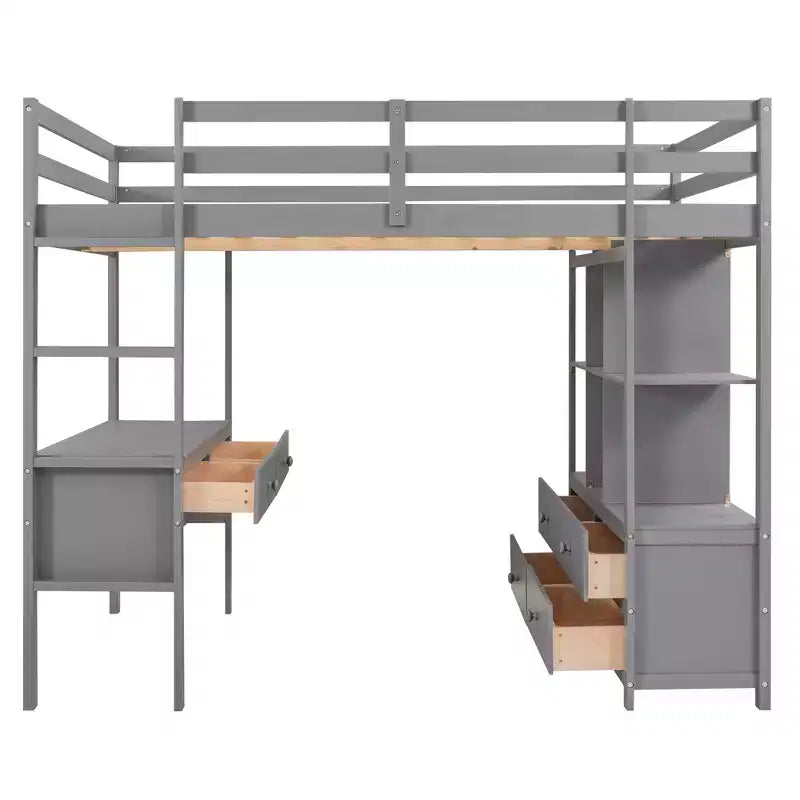 Letto a soppalco singolo/matrimoniale con scrivania integrata, 4 cassetti e 6 ripiani, in legno di pino e MDF