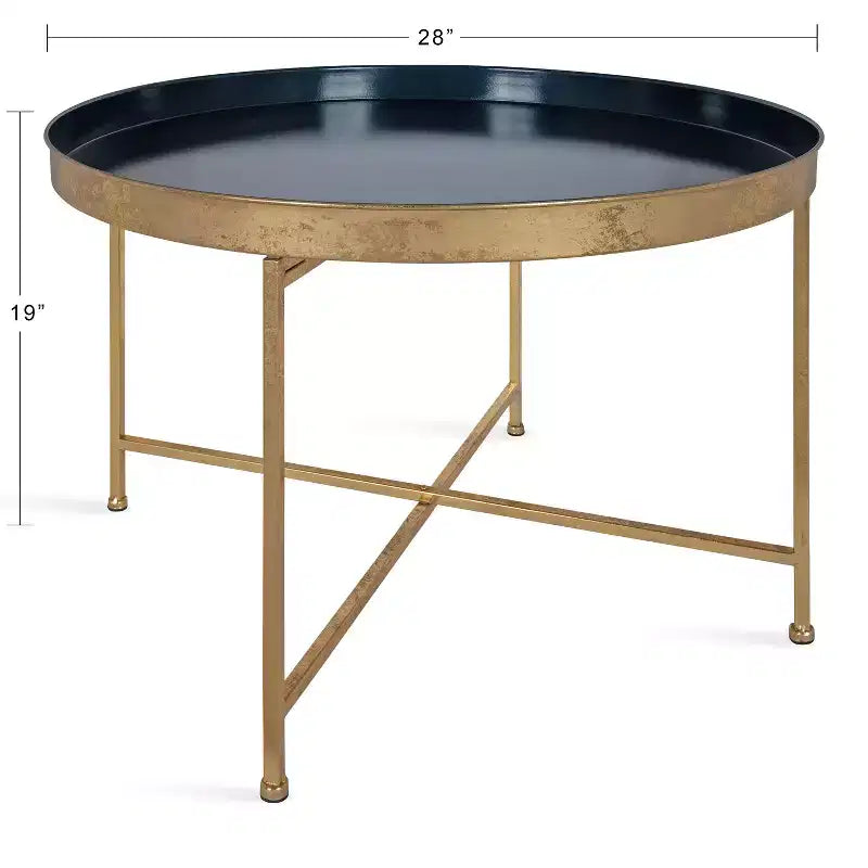 Tavolino rotondo in metallo 71,75 cm, finitura bicolore blu navy e oro