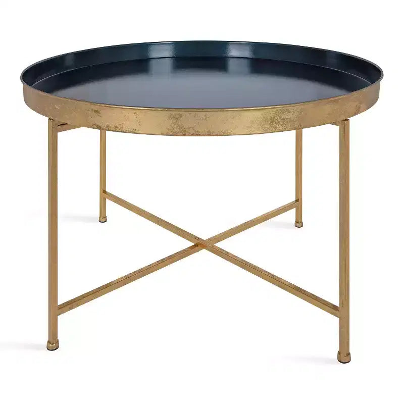 Tavolino rotondo in metallo 71,75 cm, finitura bicolore blu navy e oro