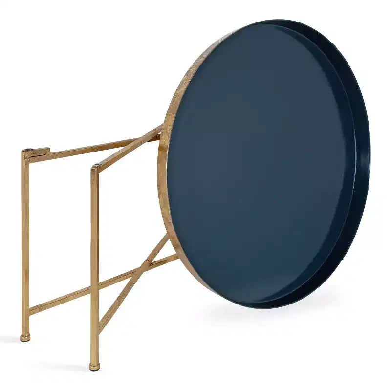 Tavolino rotondo in metallo 71,75 cm, finitura bicolore blu navy e oro