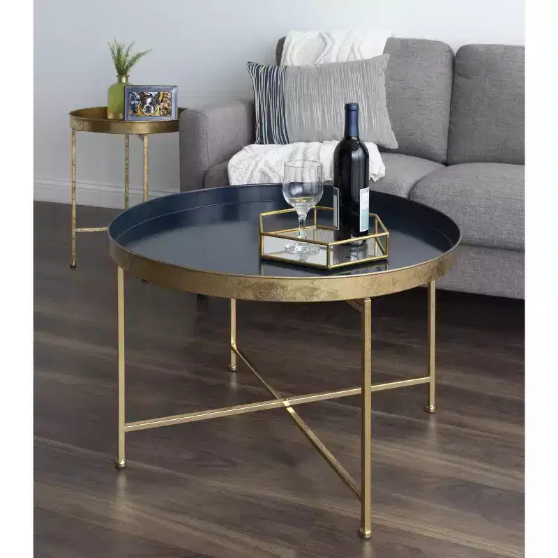 Tavolino rotondo in metallo 71,75 cm, finitura bicolore blu navy e oro