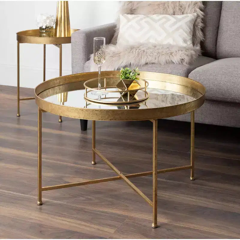 Tavolino da caffè rotondo in metallo 28,25", finitura bicolore oro, costruzione 100% ferro