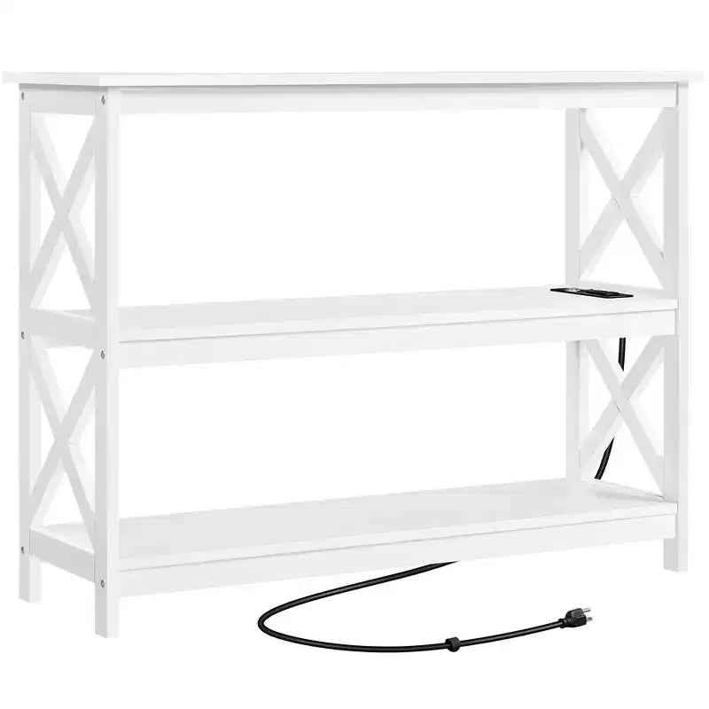 Consolle in legno a 3 ripiani con presa di corrente integrata, 2 ripiani portaoggetti