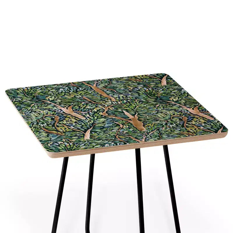Tavolino quadrato con stampa d'arte Alberi Fauvisti, struttura in acciaio da 19" con piano in composito di legno