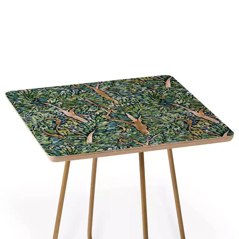 Tavolino quadrato con stampa d'arte Alberi Fauvisti, struttura in acciaio da 19" con piano in composito di legno