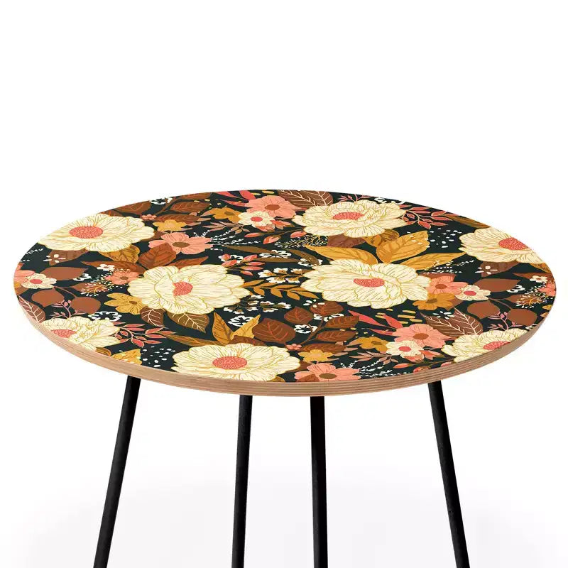 Tavolino rotondo floreale boho, telaio in acciaio da 48 cm con piano in composito di legno
