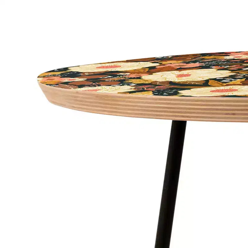 Tavolino rotondo floreale boho, telaio in acciaio da 48 cm con piano in composito di legno