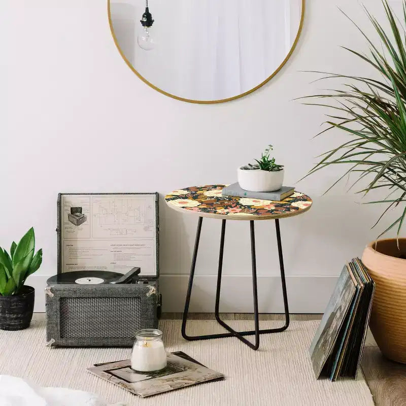 Tavolino rotondo floreale boho, telaio in acciaio da 48 cm con piano in composito di legno