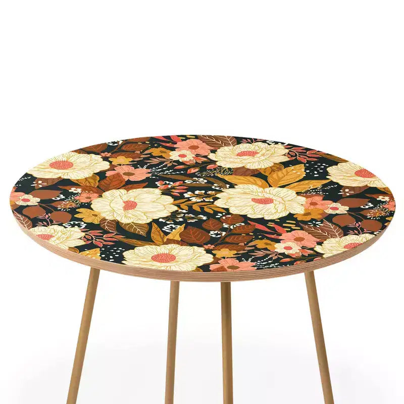 Tavolino rotondo floreale boho, telaio in acciaio da 48 cm con piano in composito di legno