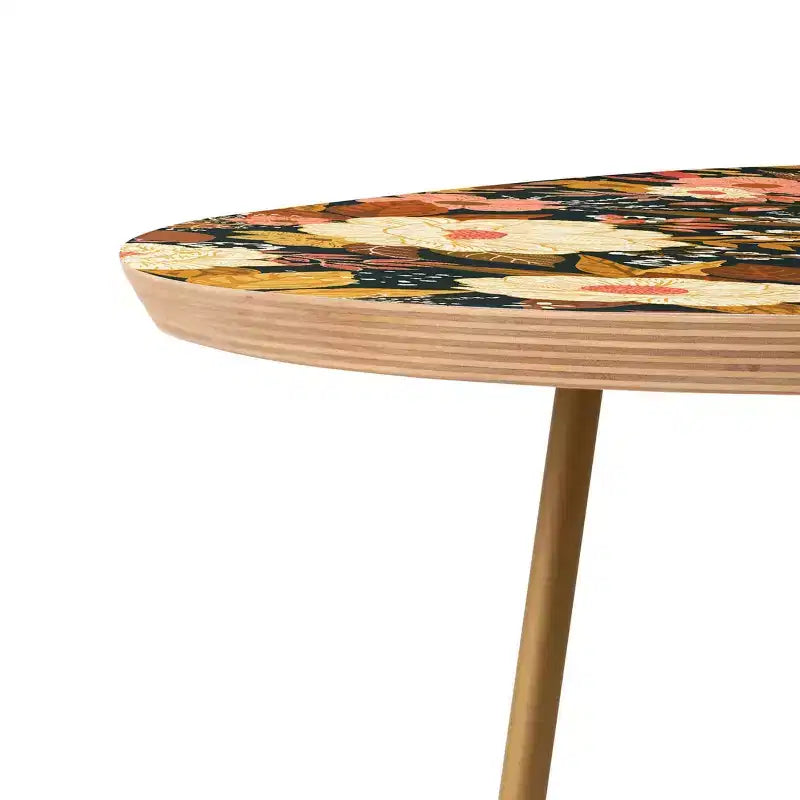 Tavolino rotondo floreale boho, telaio in acciaio da 48 cm con piano in composito di legno
