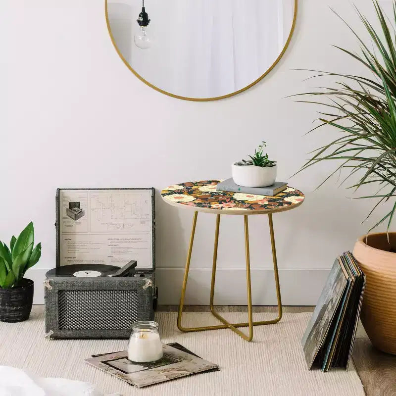 Tavolino rotondo floreale boho, telaio in acciaio da 48 cm con piano in composito di legno