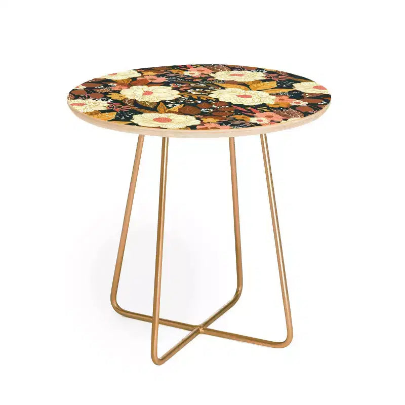 Tavolino rotondo floreale boho, telaio in acciaio da 48 cm con piano in composito di legno